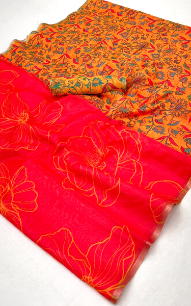 Kalamkari Printed Chanderi Linen Saree with Weaving Border (Bright Red)