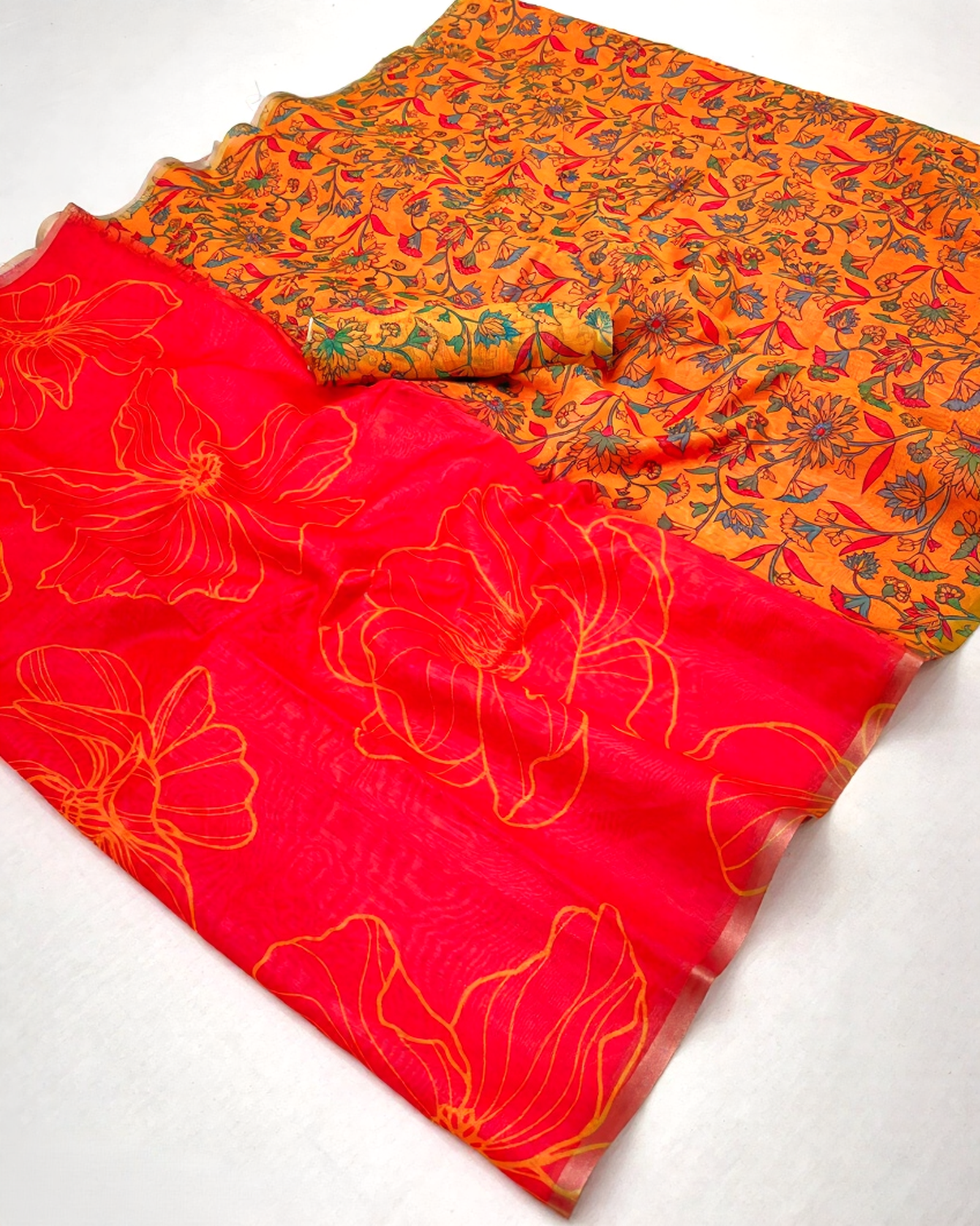 Kalamkari Printed Chanderi Linen Saree with Weaving Border (Bright Red)