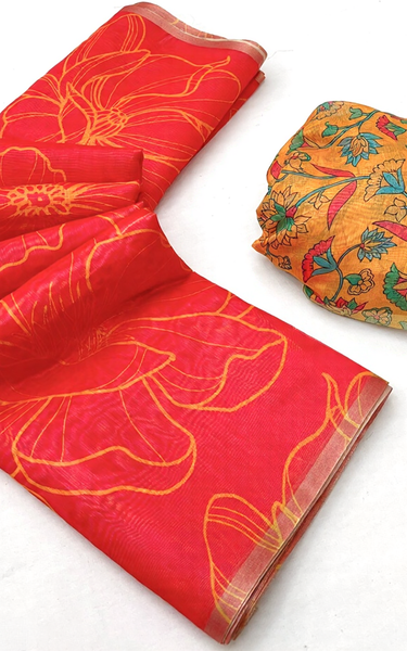 Kalamkari Printed Chanderi Linen Saree with Weaving Border (Bright Red)