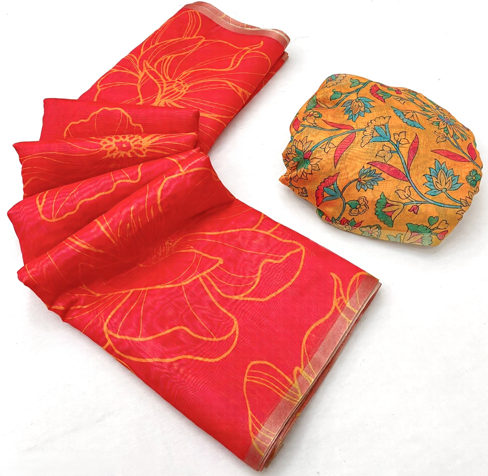 Kalamkari Printed Chanderi Linen Saree with Weaving Border (Bright Red)