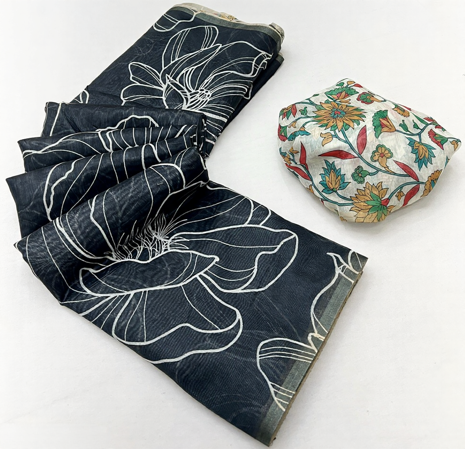Kalamkari Printed Chanderi Linen Saree with Weaving Border (Black)