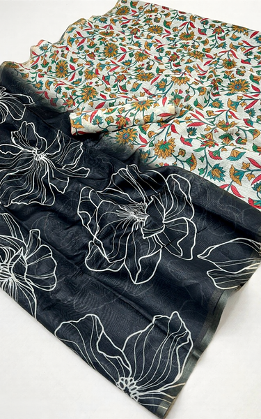 Kalamkari Printed Chanderi Linen Saree with Weaving Border (Black)