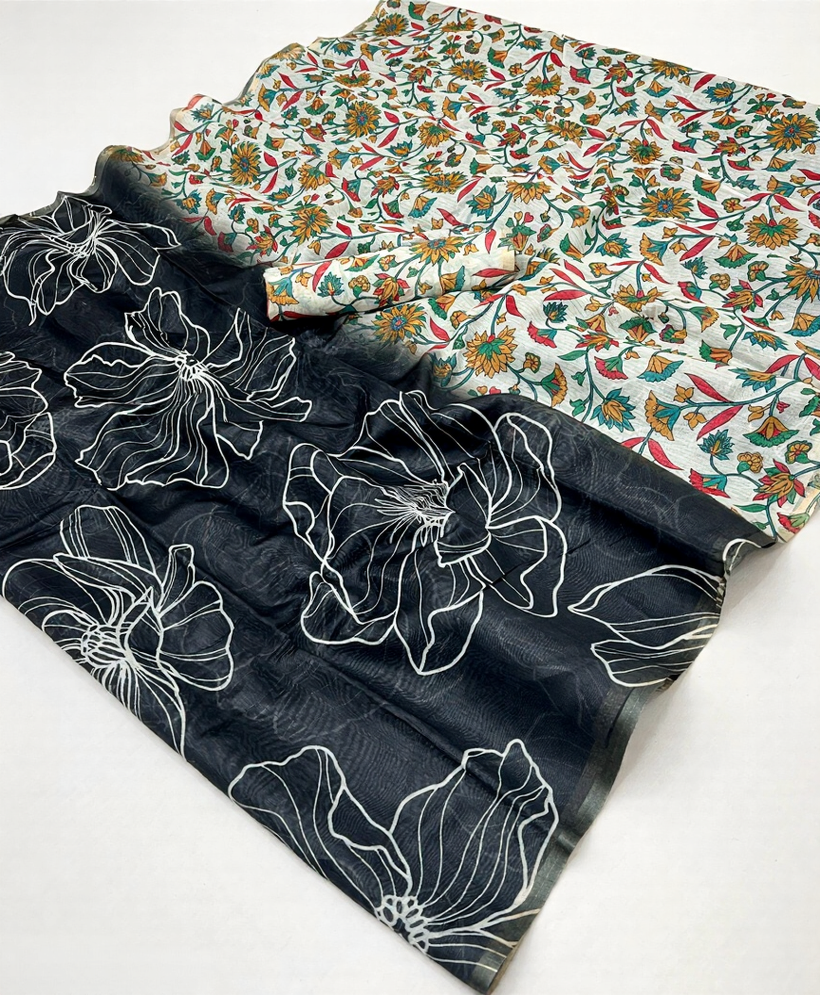 Kalamkari Printed Chanderi Linen Saree with Weaving Border (Black)