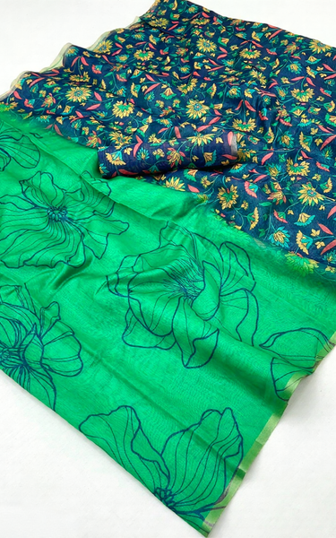 Kalamkari Printed Chanderi Linen Saree with Weaving Border (Parrot Green)