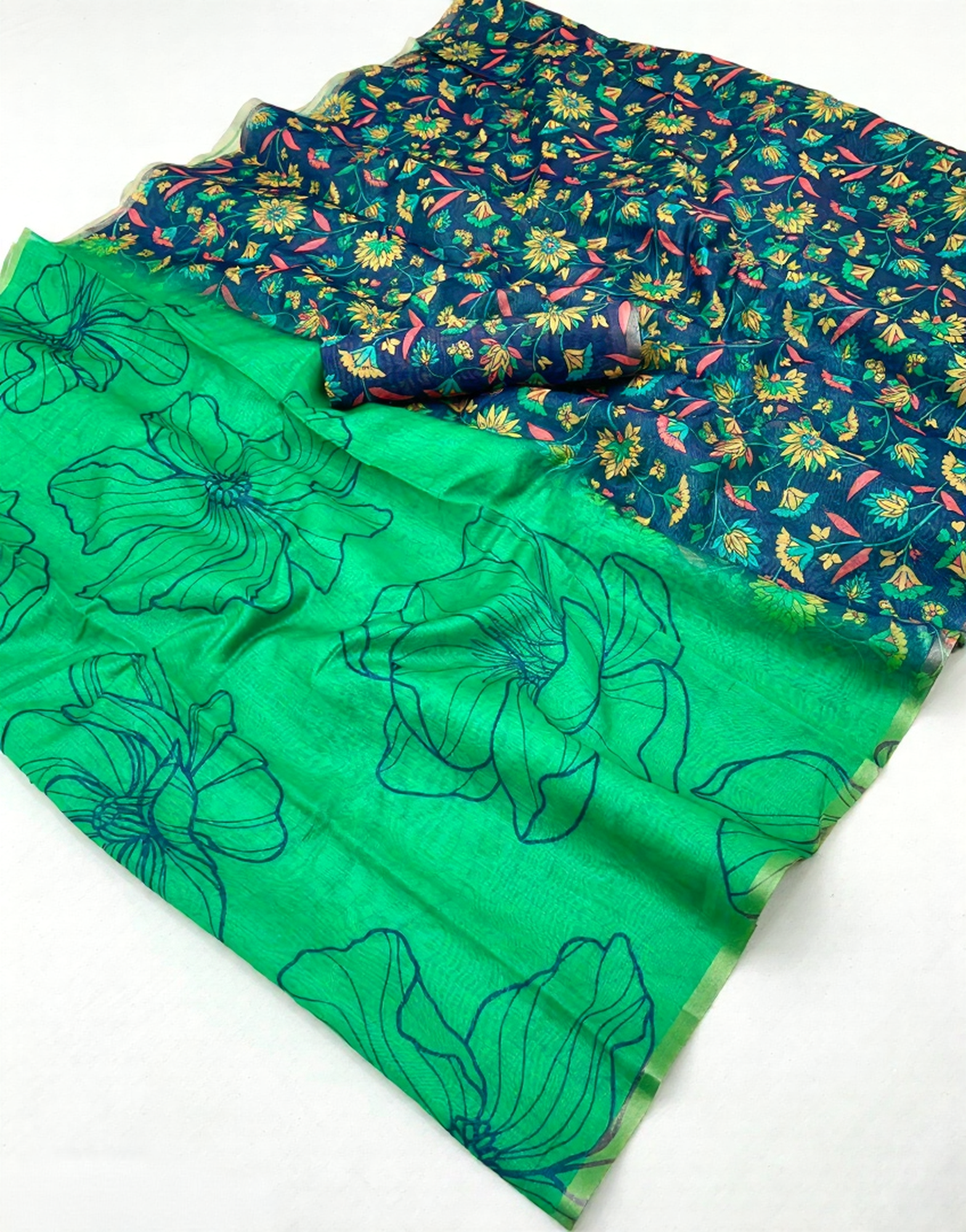 Kalamkari Printed Chanderi Linen Saree with Weaving Border (Parrot Green)
