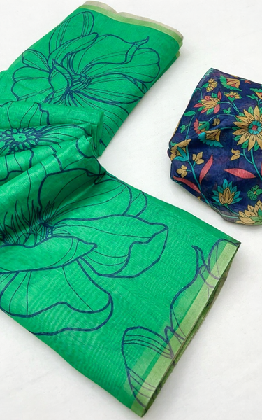 Kalamkari Printed Chanderi Linen Saree with Weaving Border (Parrot Green)