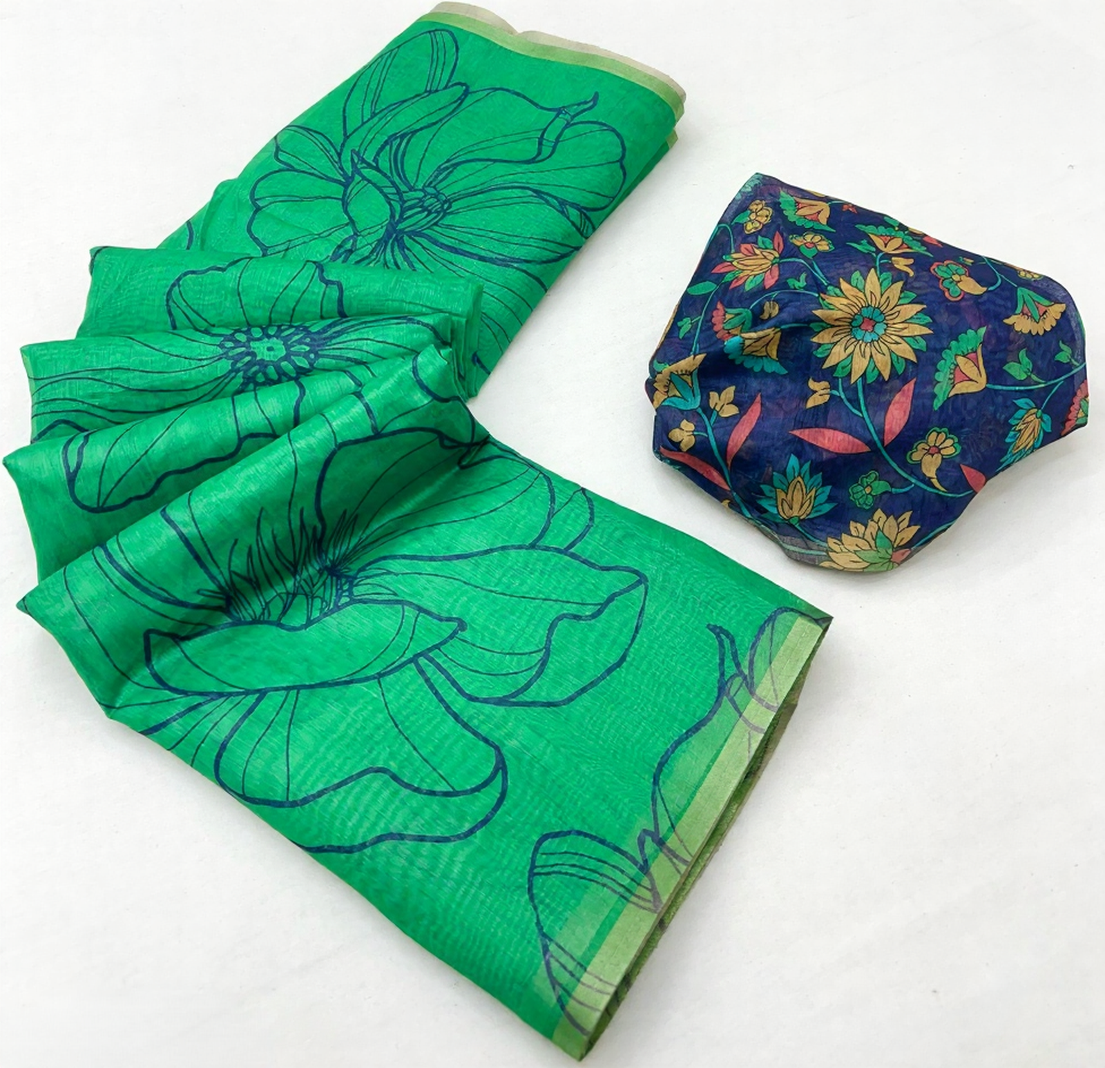 Kalamkari Printed Chanderi Linen Saree with Weaving Border (Parrot Green)