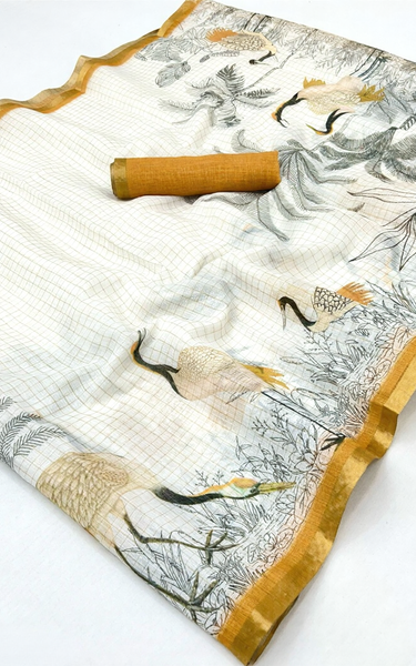 Pure Linen Zari Chex Weaving Duck Print Saree (Off-white & Golden)