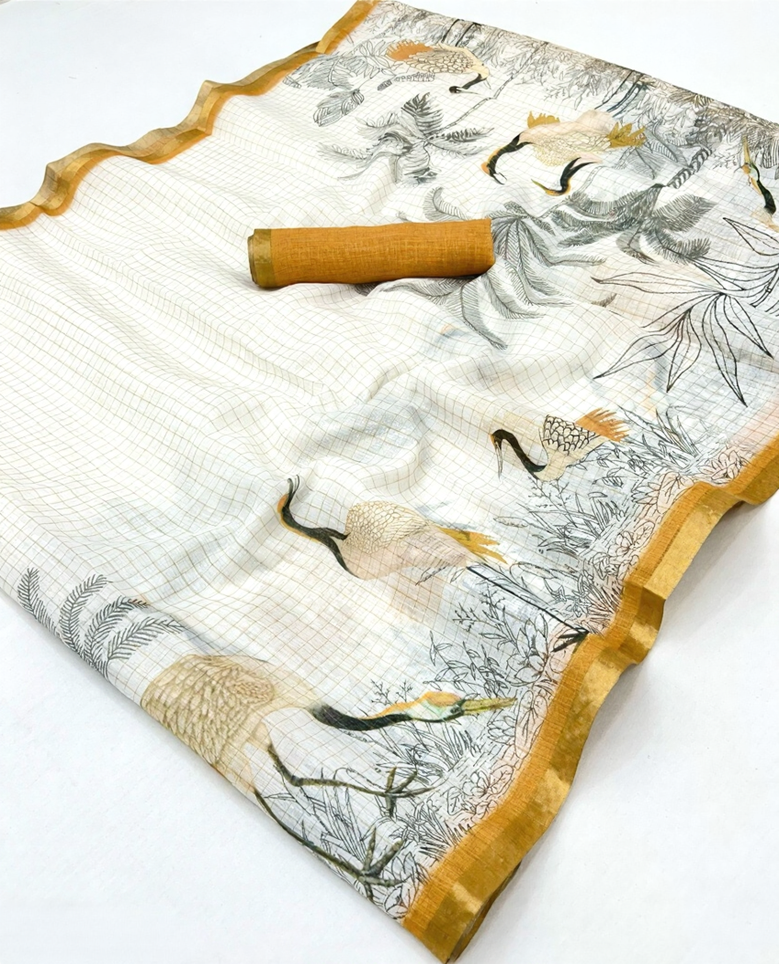 Pure Linen Zari Chex Weaving Duck Print Saree (Off-white & Golden)
