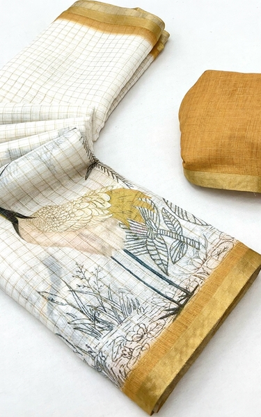 Pure Linen Zari Chex Weaving Duck Print Saree (Off-white & Golden)