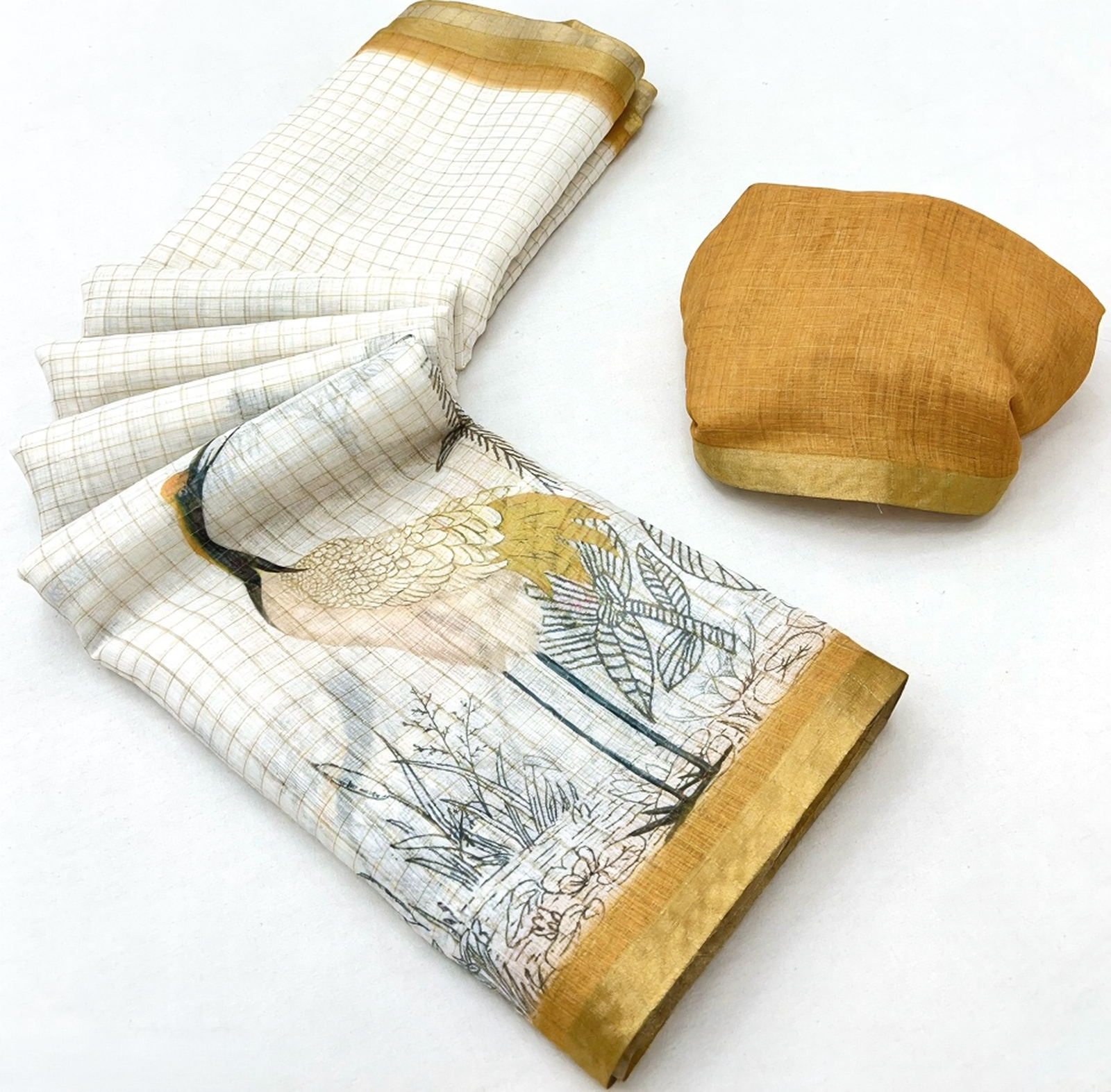 Pure Linen Zari Chex Weaving Duck Print Saree (Off-white & Golden)