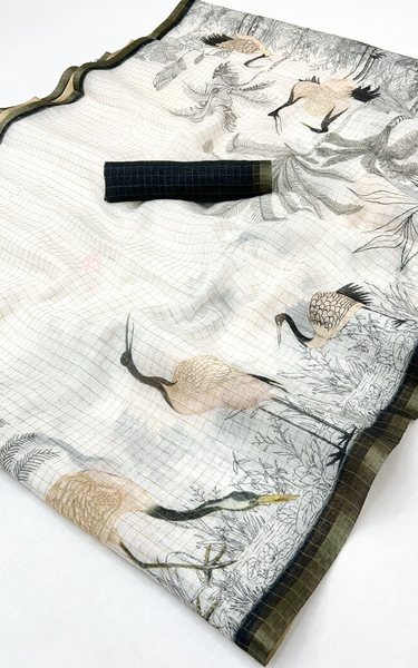 Pure Linen Zari Chex Weaving Duck Print Saree (Off-white & Black)
