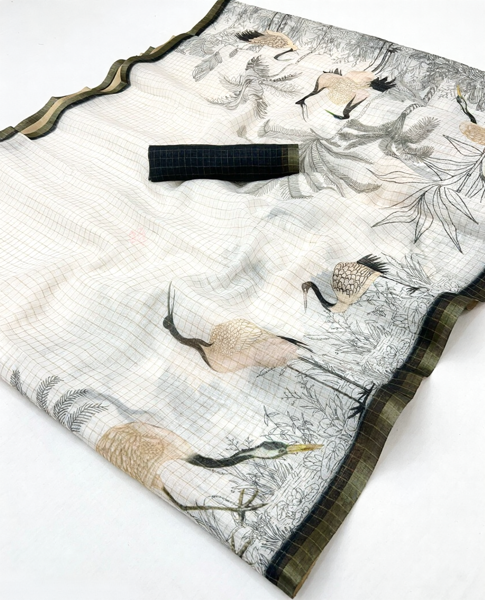 Pure Linen Zari Chex Weaving Duck Print Saree (Off-white & Black)