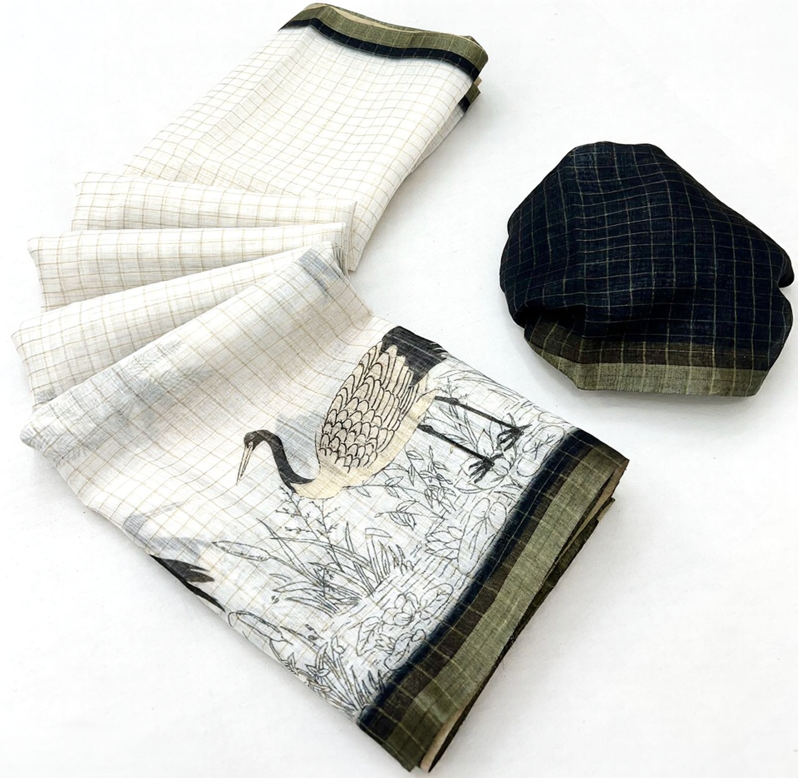 Pure Linen Zari Chex Weaving Duck Print Saree (Off-white & Black)