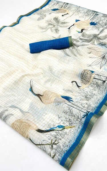Pure Linen Zari Chex Weaving Duck Print Saree (Off-white & Blue)
