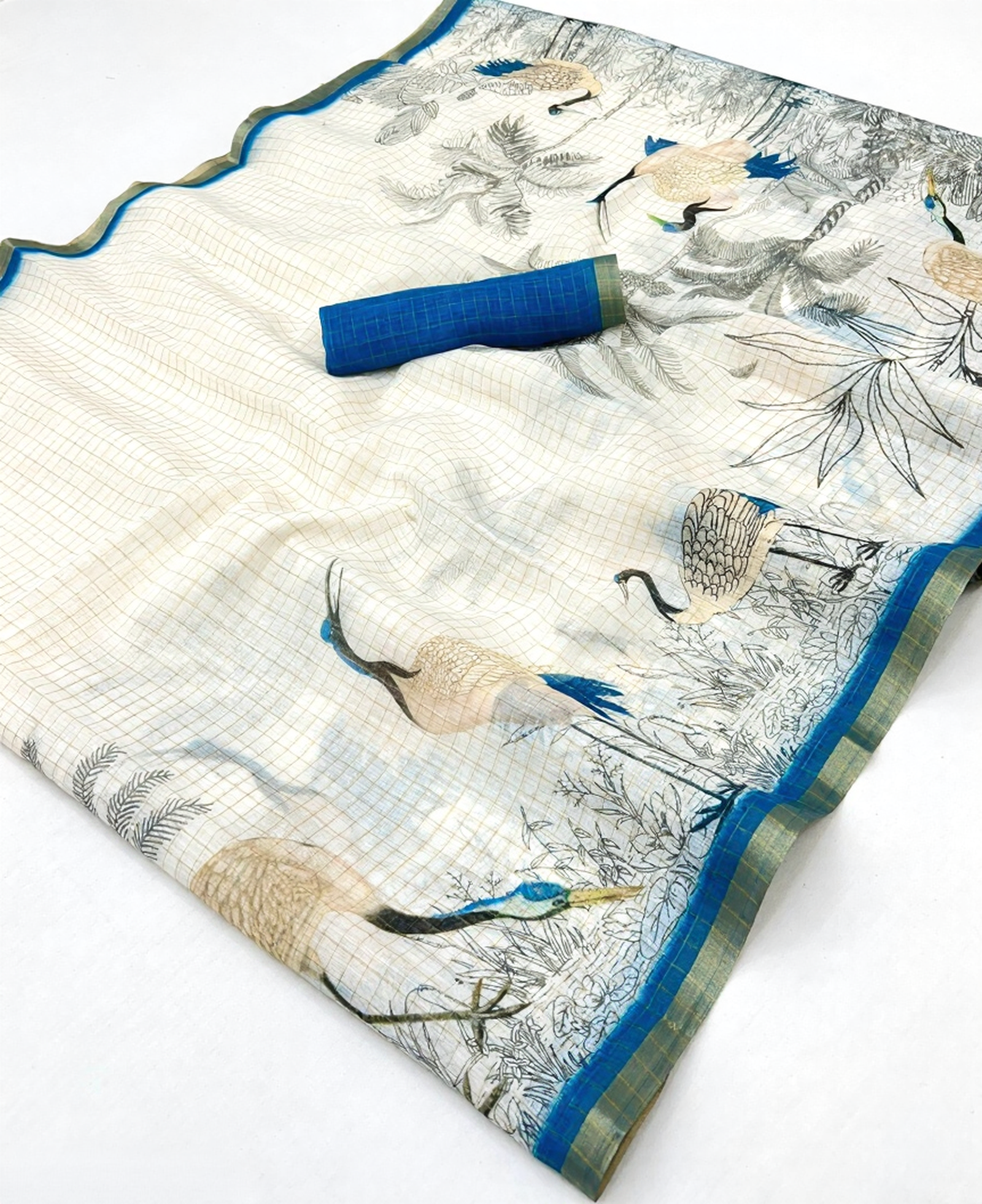 Pure Linen Zari Chex Weaving Duck Print Saree (Off-white & Blue)