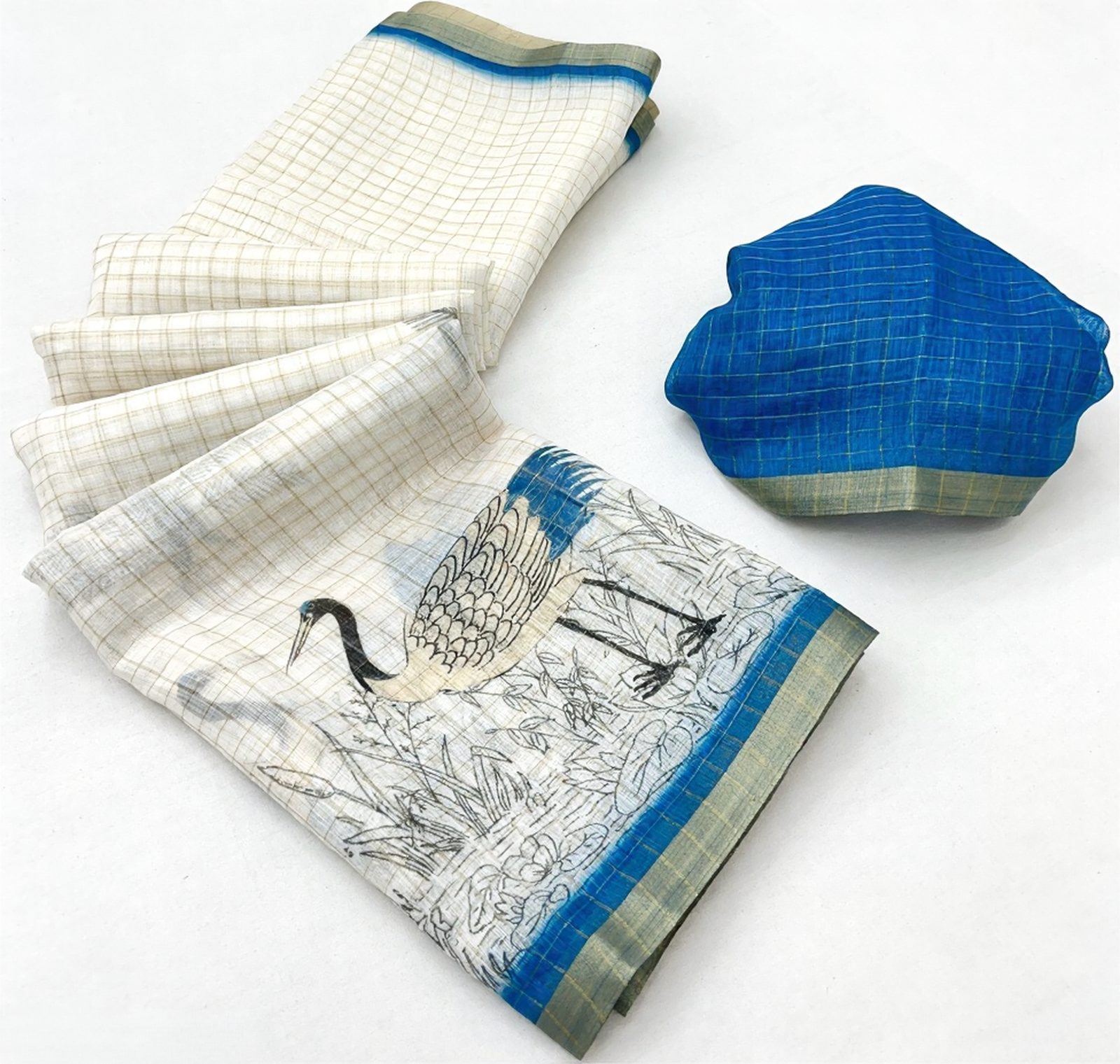 Pure Linen Zari Chex Weaving Duck Print Saree (Off-white & Blue)