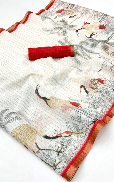 Pure Linen Zari Chex Weaving Duck Print Saree (Off-white & Red)