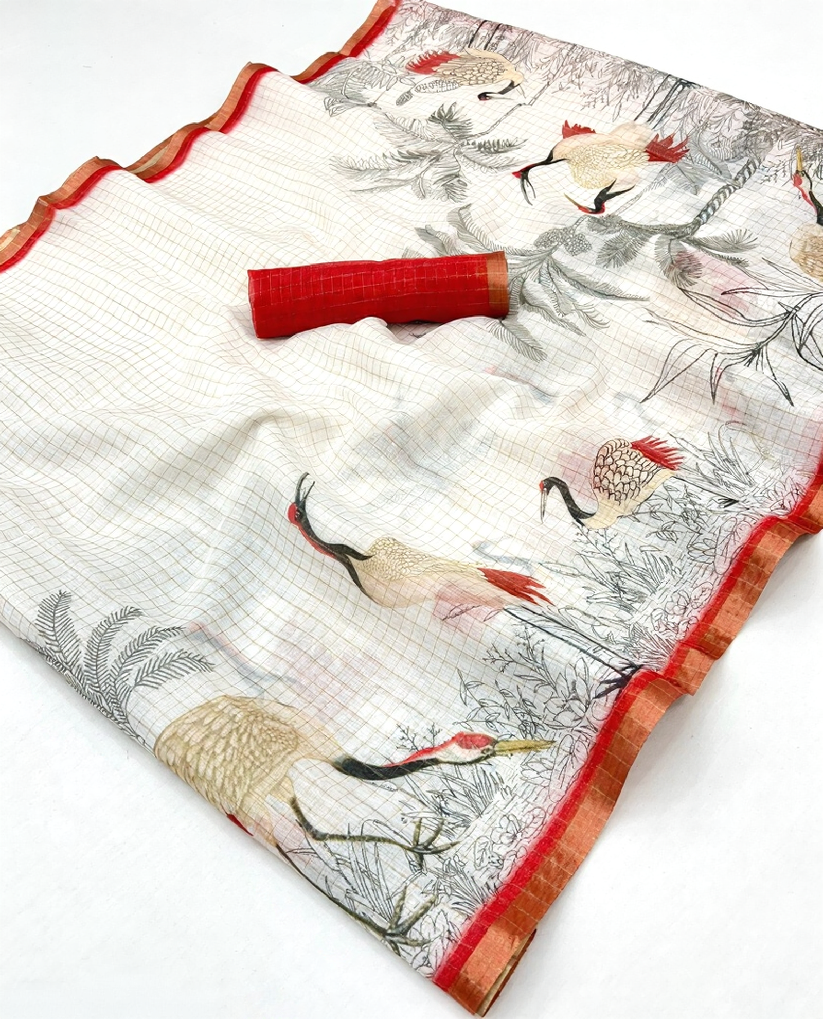 Pure Linen Zari Chex Weaving Duck Print Saree (Off-white & Red)