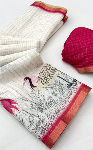 Pure Linen Zari Chex Weaving Duck Print Saree (Off-white & Pink)