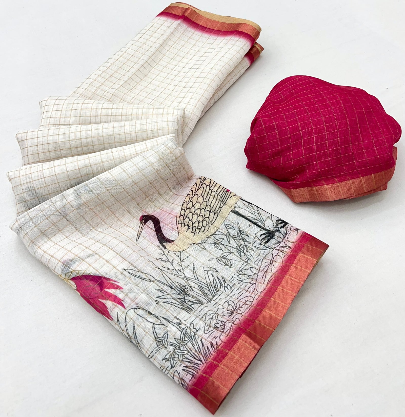 Pure Linen Zari Chex Weaving Duck Print Saree (Off-white & Pink)