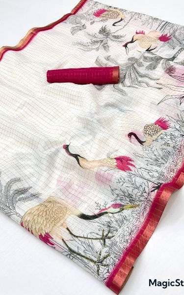 Pure Linen Zari Chex Weaving Duck Print Saree (Off-white & Pink)
