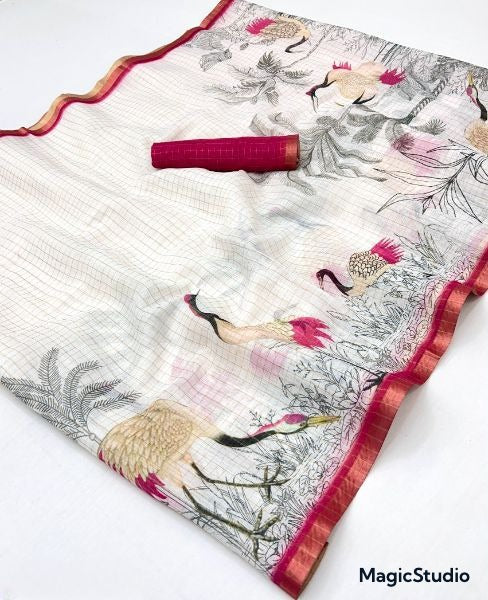 Pure Linen Zari Chex Weaving Duck Print Saree (Off-white & Pink)