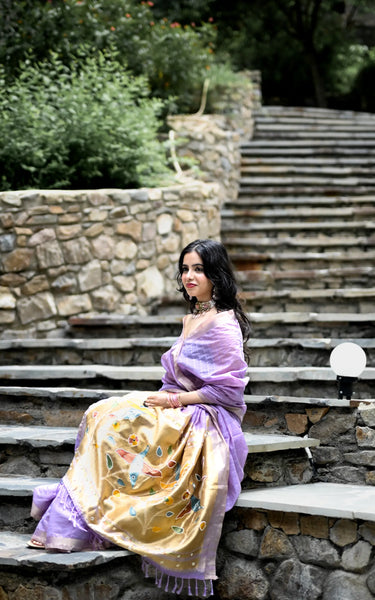 Purple Cotton Silk Saree with Woven Birds & Latkans