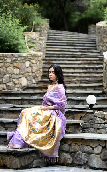 Purple Cotton Silk Saree with Woven Birds & Latkans