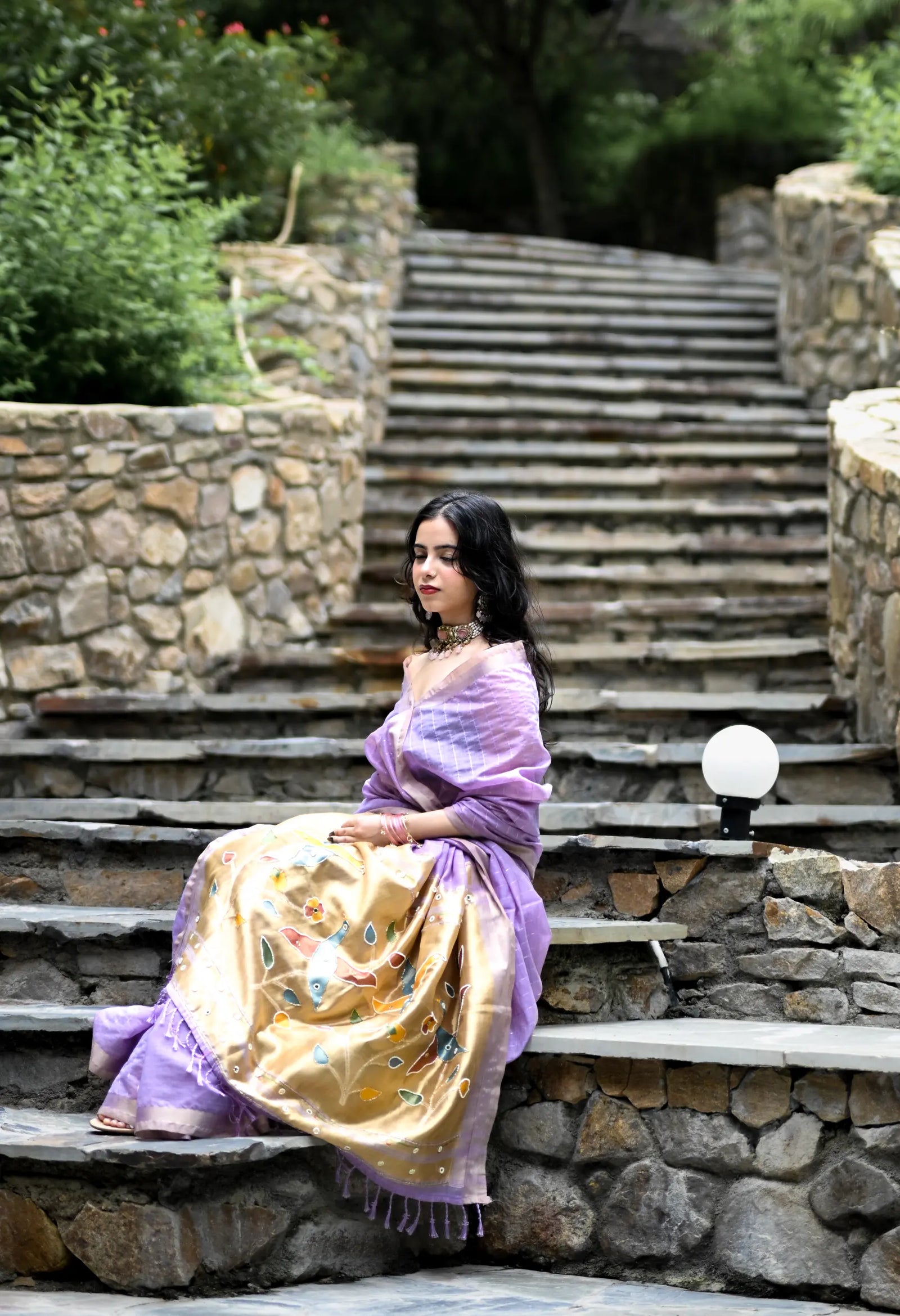 Purple Cotton Silk Saree with Woven Birds & Latkans