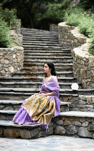 Purple Cotton Silk Saree with Woven Birds & Latkans