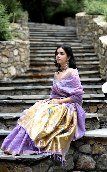 Purple Cotton Silk Saree with Woven Birds & Latkans