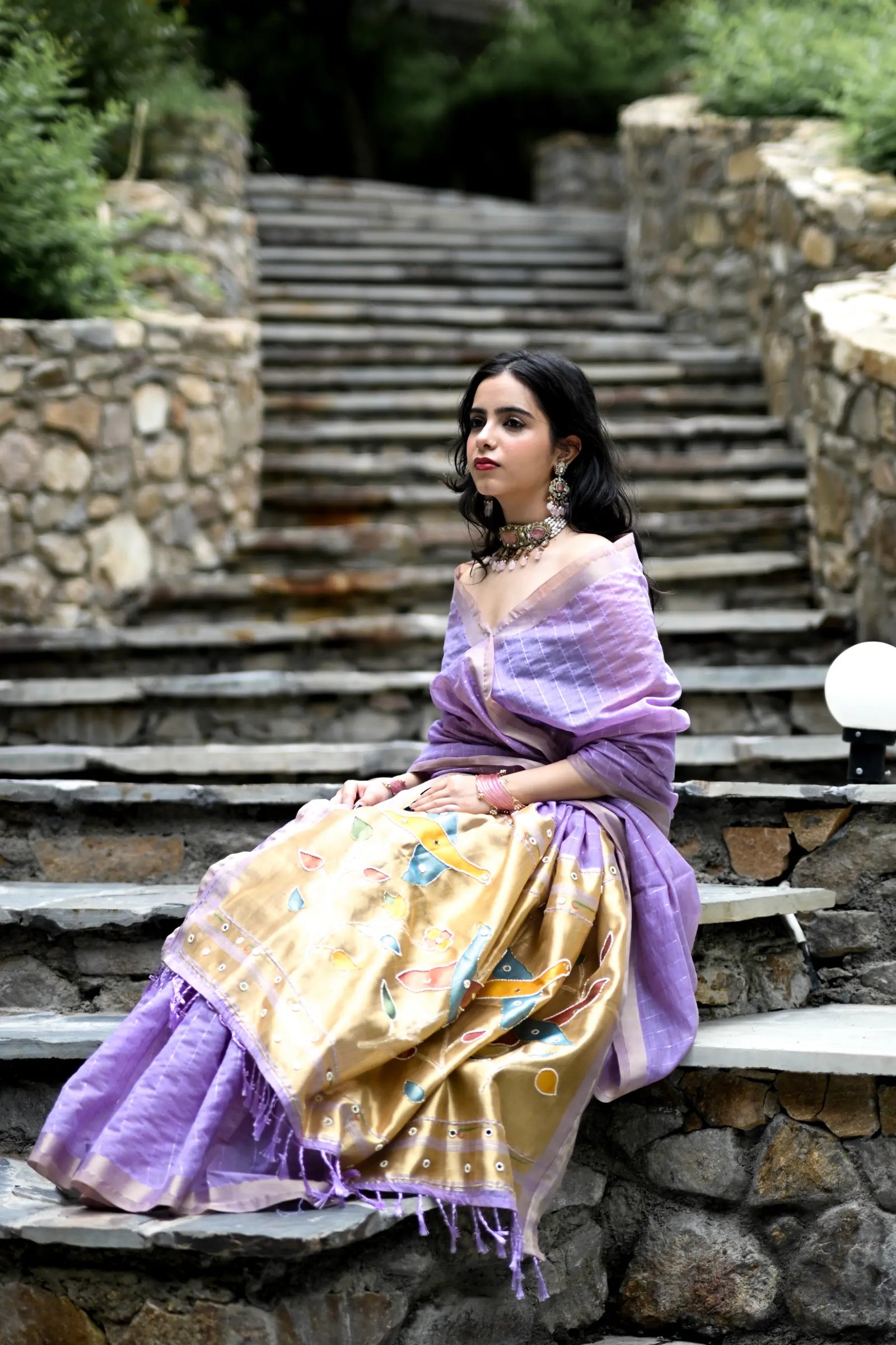 Purple Cotton Silk Saree with Woven Birds & Latkans