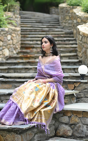 Purple Cotton Silk Saree with Woven Birds & Latkans