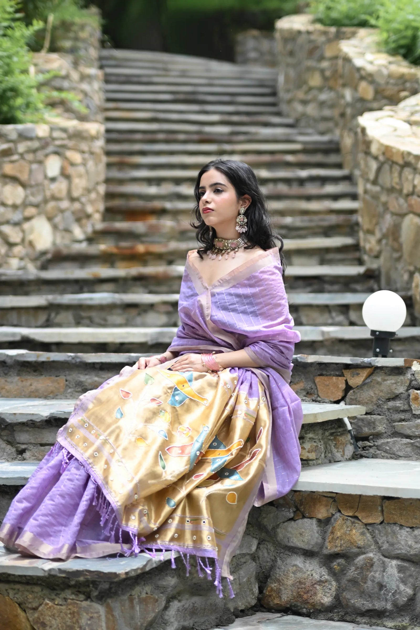 Purple Cotton Silk Saree with Woven Birds & Latkans