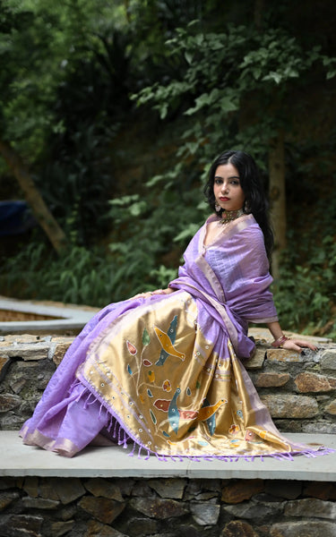 Purple Cotton Silk Saree with Woven Birds & Latkans