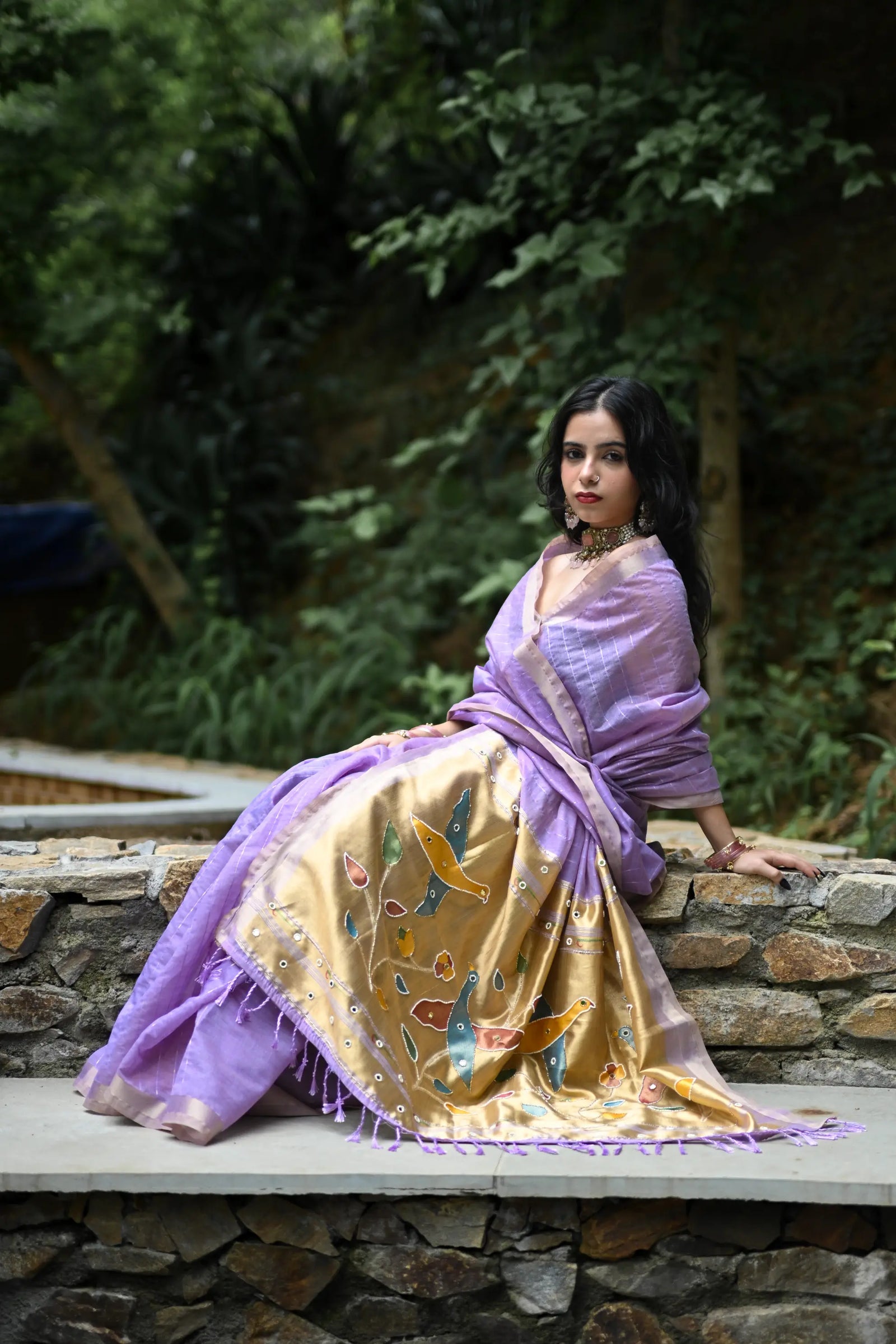 Purple Cotton Silk Saree with Woven Birds & Latkans