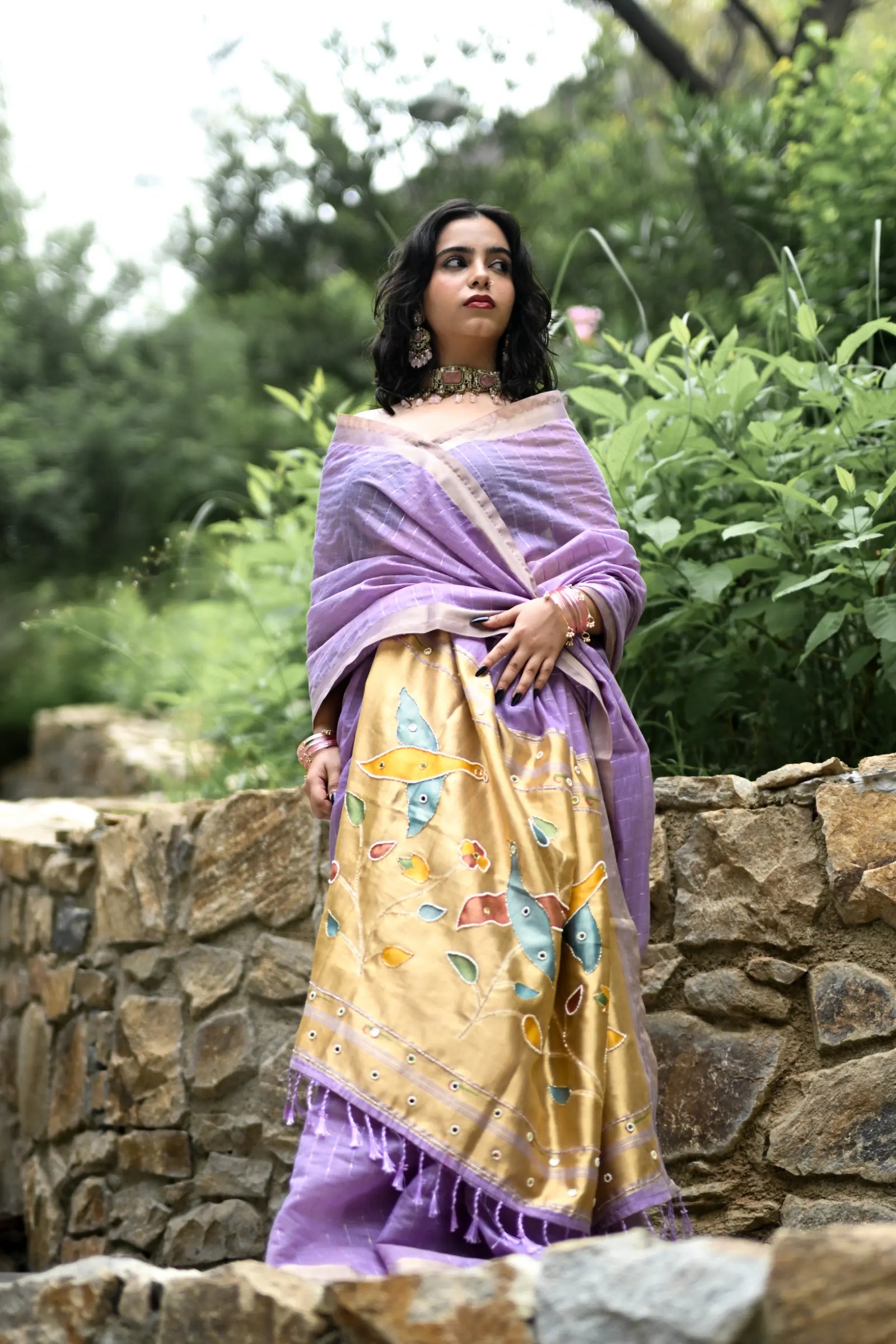 Purple Cotton Silk Saree with Woven Birds & Latkans