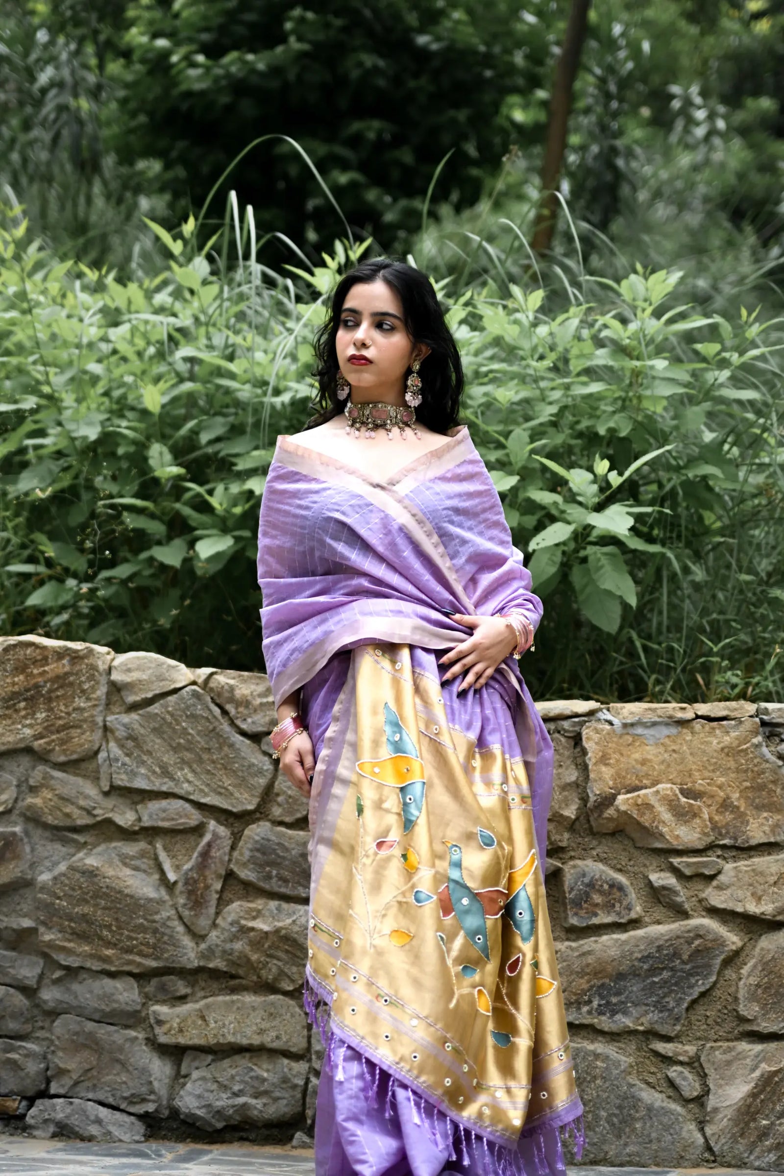 Purple Cotton Silk Saree with Woven Birds & Latkans