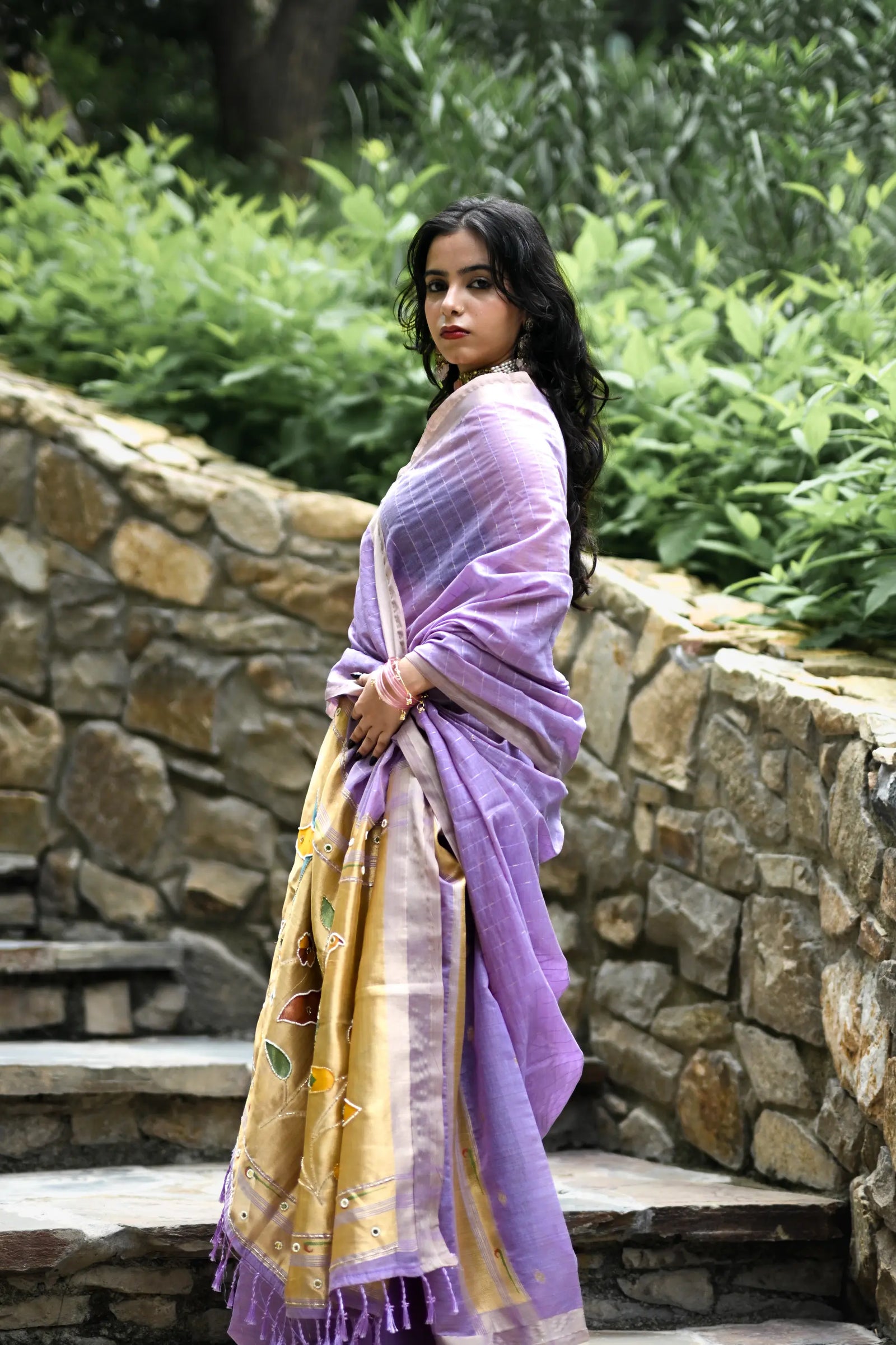 Purple Cotton Silk Saree with Woven Birds & Latkans