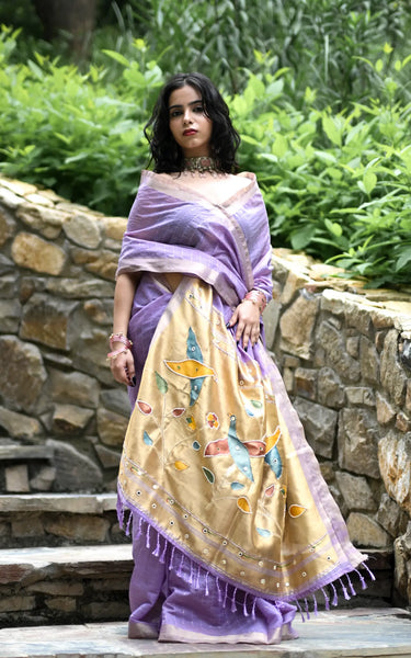 Purple Cotton Silk Saree with Woven Birds & Latkans