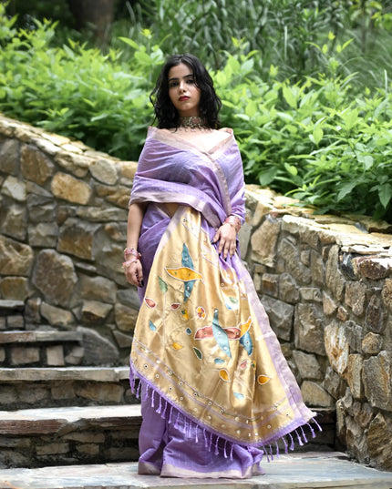 Purple Cotton Silk Saree with Woven Birds & Latkans