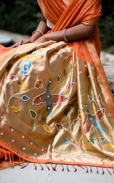 Peach Cotton Silk Saree with Handwork Bird Pallu