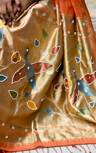 Peach Cotton Silk Saree with Handwork Bird Pallu