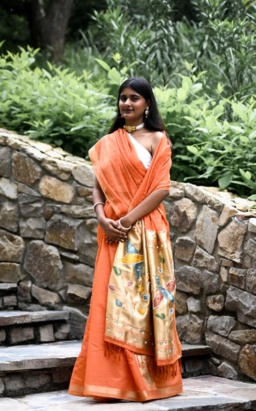 Peach Cotton Silk Saree with Handwork Bird Pallu