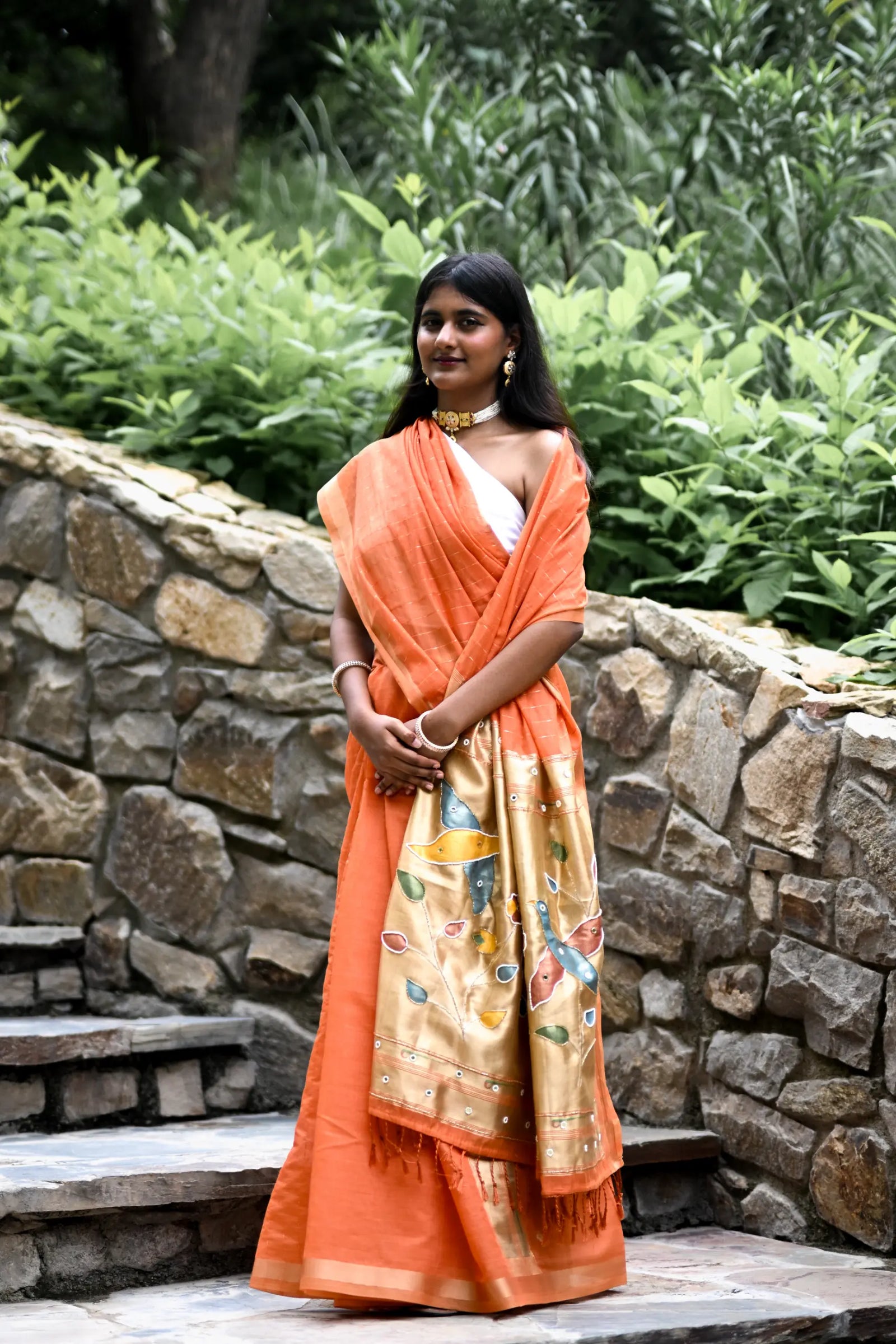 Peach Cotton Silk Saree with Handwork Bird Pallu