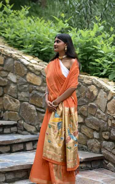 Peach Cotton Silk Saree with Handwork Bird Pallu