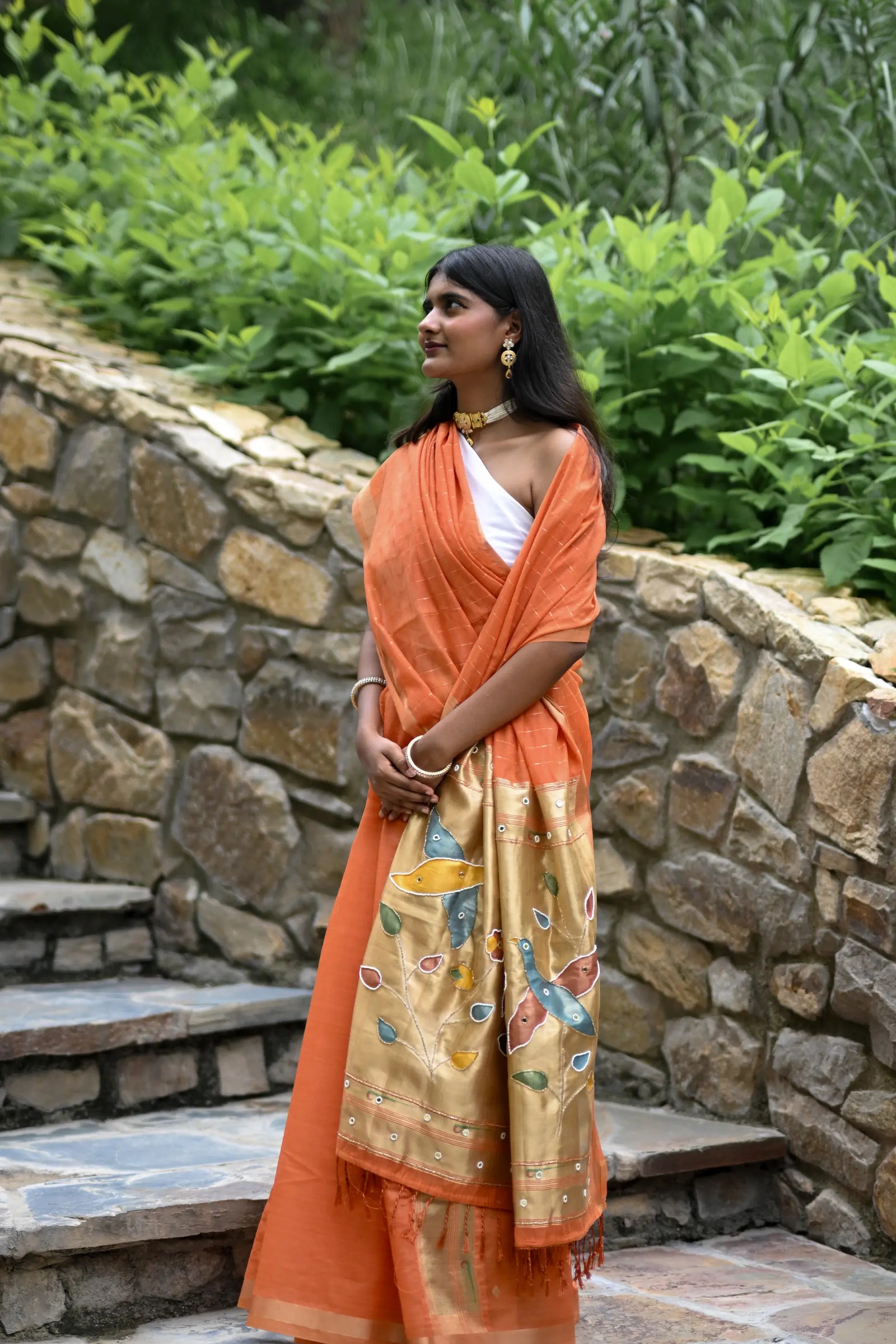 Peach Cotton Silk Saree with Handwork Bird Pallu