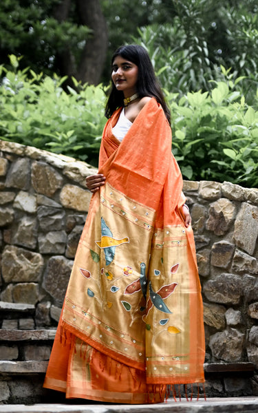Peach Cotton Silk Saree with Handwork Bird Pallu