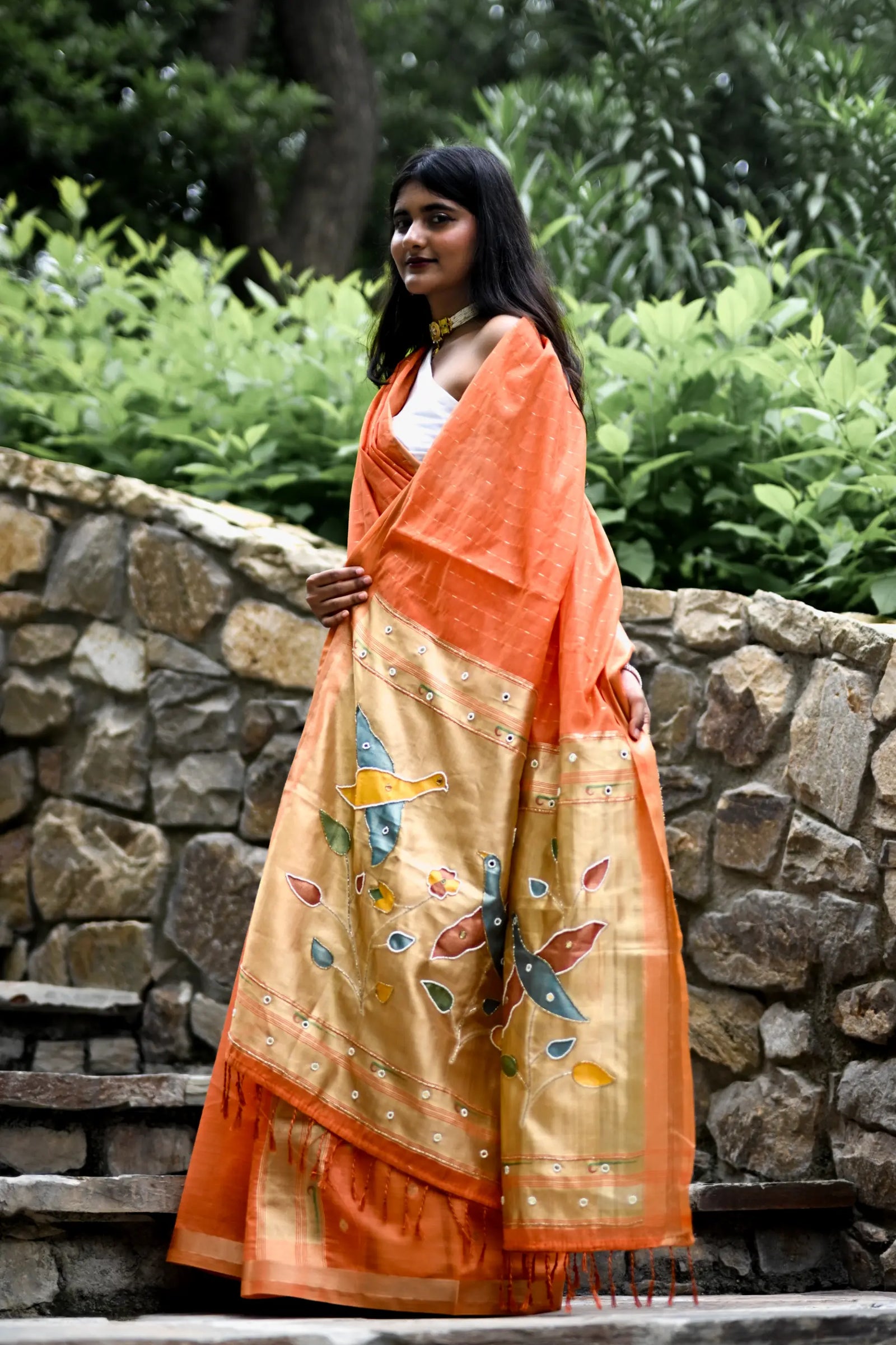 Peach Cotton Silk Saree with Handwork Bird Pallu